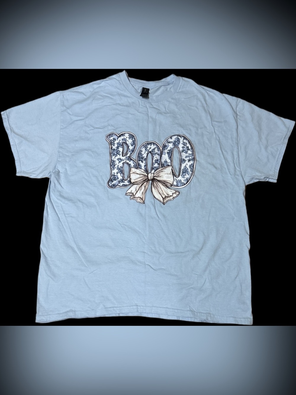 Gildan Light Blue Tee with Floral 'BOO' Graphic and Cream Bow